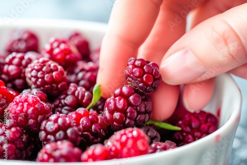 closeup of fingers squishing a ripe boysenberry before tasting photo