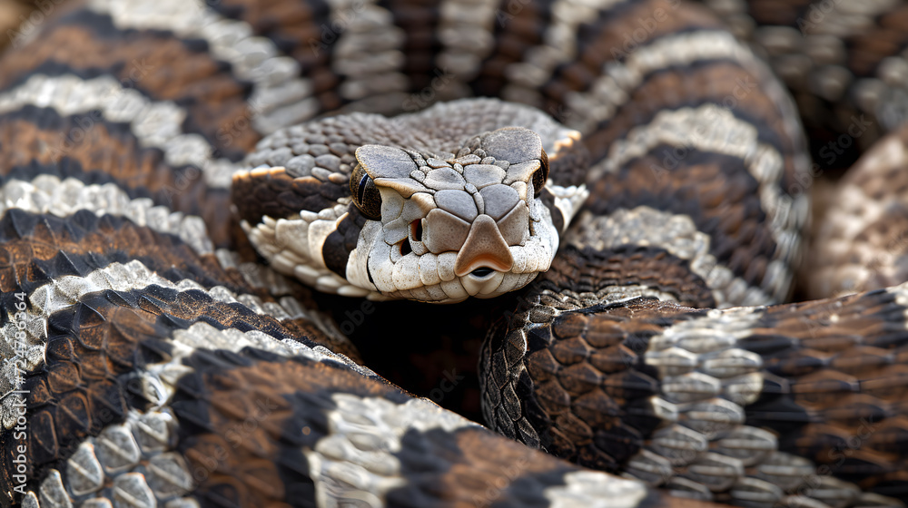 Close-up of a rattlesnake waiting in ambush for its prey. Close-up of a rattlesnake waiting in ambush for its prey.