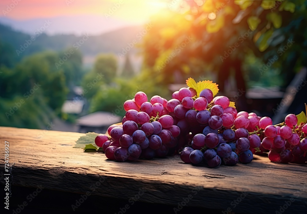 A wooden board adorned with ripe grapes and leaves, creating a charming display. - obrazy, fototapety, plakaty 