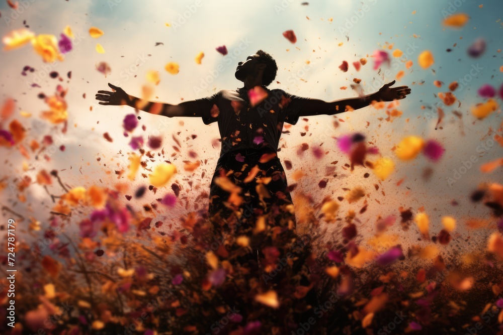 Obraz premium Amidst a vibrant explosion of petals, a person with outstretched arms celebrates the pure joy of connection with the natural world