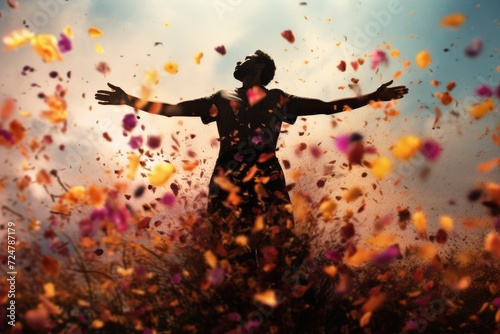 Amidst a vibrant explosion of petals, a person with outstretched arms celebrates the pure joy of connection with the natural world