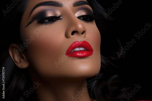 closeup portrait of a model with immaculate makeup, highlighting striking red lips and perfectly contoured features