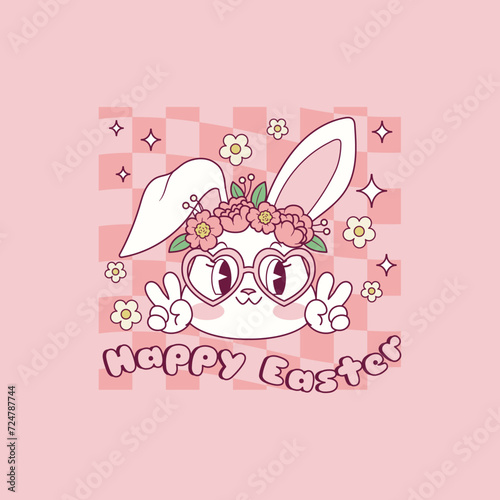 cute retro illustration of bunny with flower crown on his head for easter 