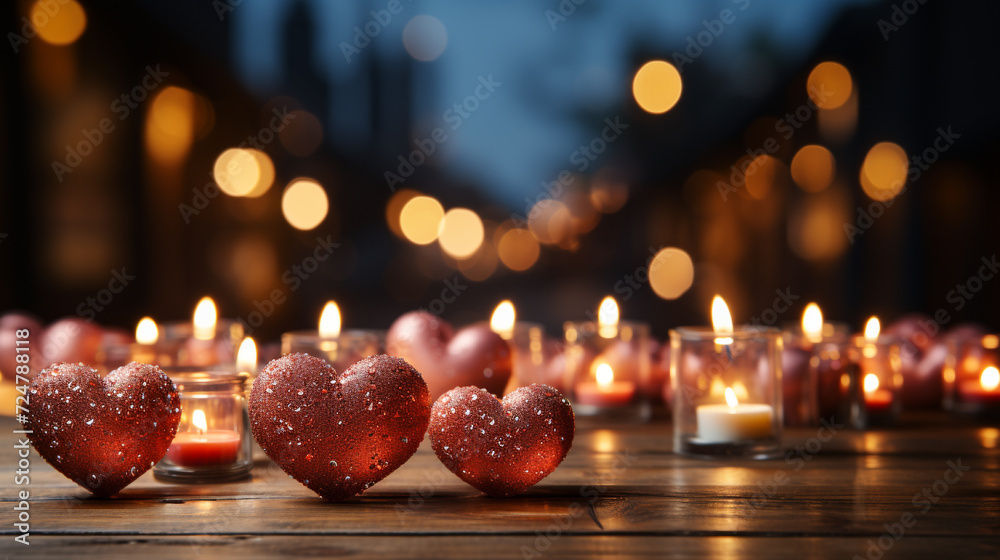 Vibrant red hearts are arranged on a wooden table, set against a background of defocused lights. Celebrate Valentine's Day. Vibrant red hearts are arranged on a wooden table, set against a background of defocused lights. Celebrate Valentine's Day.