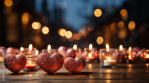 Vibrant red hearts are arranged on a wooden table, set against a background of defocused lights. Celebrate Valentine's Day.
