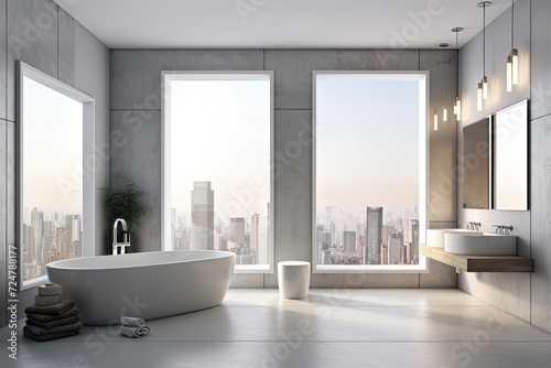 Four empty white posters  a concrete floor  a large window with a view of a city building  and a bright bathroom interior with a bathtub. concept of spa treatments and hygiene for health. a mockup