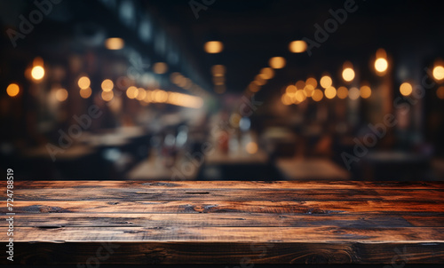 An empty wooden table top with a blurred background