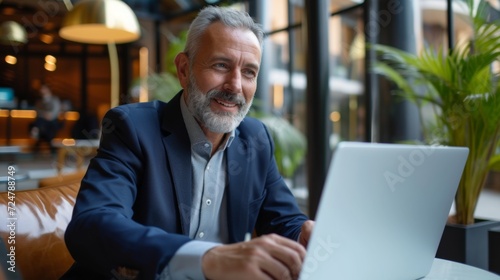 Happy mature business man executive manager looking at laptop computer watching online webinar or having remote virtual meeting, video conference call negotiation