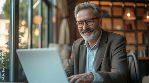 Happy mature business man executive manager looking at laptop computer watching online webinar or having remote virtual meeting, video conference call negotiation photo