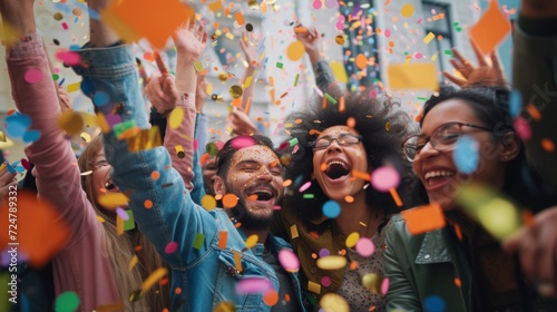 Happy diverse employees team celebrating success business achievement among confetti © Nikodem