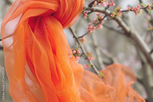 orange scarf among a plum trees fresh spring foliage