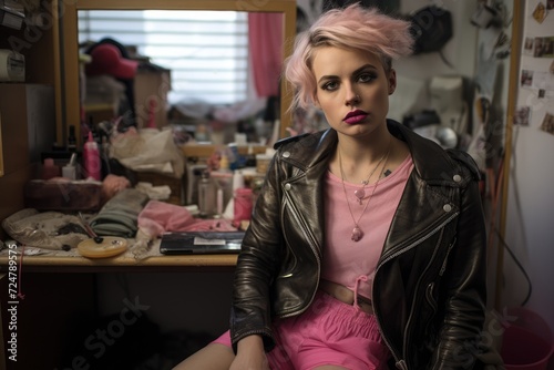 genderfluid person with pink hair and a leather jacket sits thoughtfully amidst a personal space filled with hints of pink photo