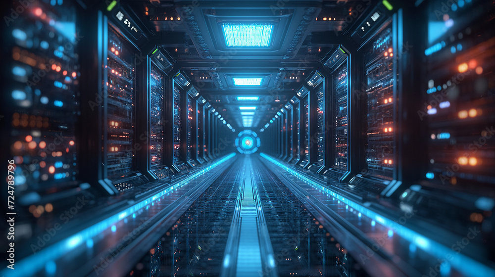Futuristic super computing server room with large servers, wires and buttons. Data storage, cloud storage, mining farm, Generative AI - obrazy, fototapety, plakaty 