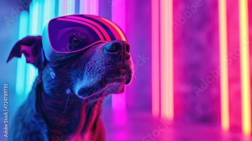 Dog wearing Virtual reality headset. VR, metaverse worlds, modern technologies, gadget for online games