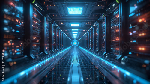 Futuristic super computing server room with large servers, wires and buttons. Data storage, cloud storage, mining farm, Generative AI photo