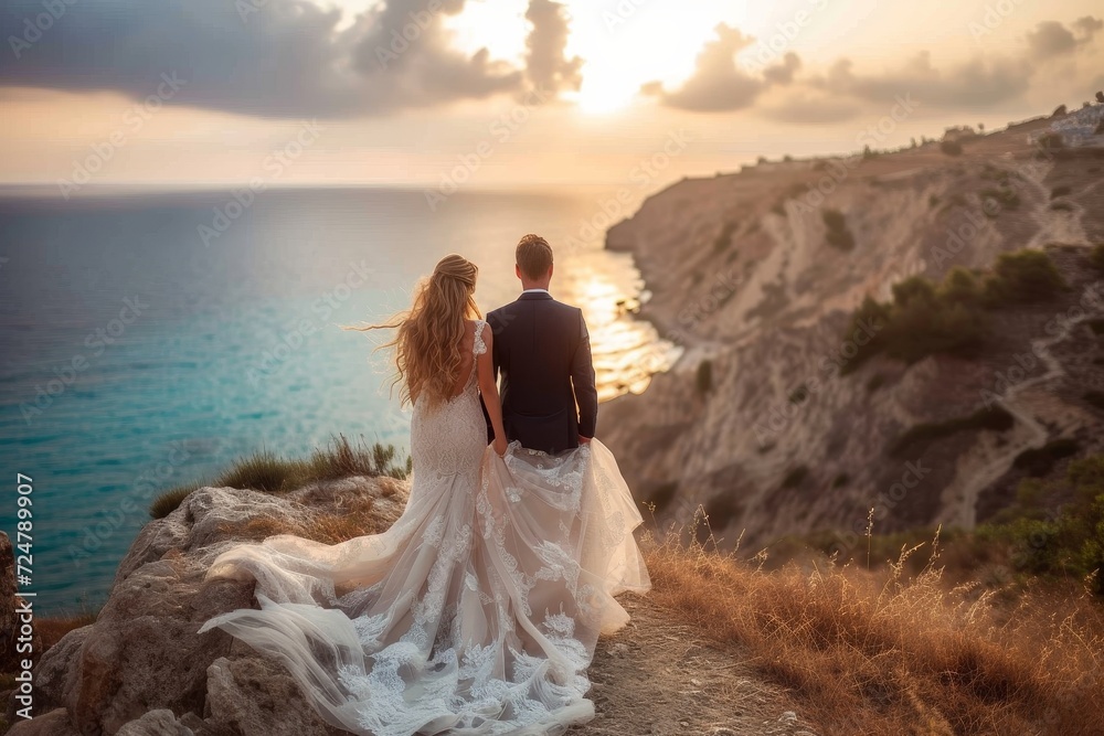 A couple's love takes them to new heights as they stand on a cliff, dressed in their wedding attire, overlooking the vast expanse of the ocean and sky A couple's love takes them to new heights as they stand on a cliff, dressed in their wedding attire, overlooking the vast expanse of the ocean and sky