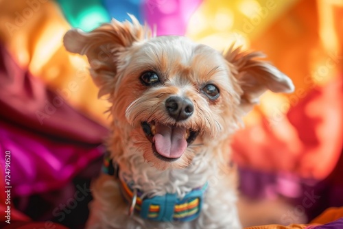 A playful yorkipoo puppy barks with excitement, revealing its tiny toy dog teeth and showcasing its love for indoor adventures in stylish dog clothes © Pinklife
