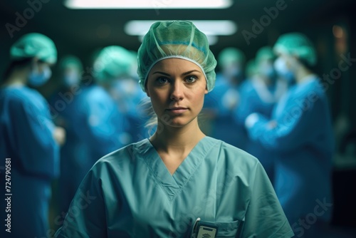 medical professional stands confidently in the center of an operating room, her focus evident amidst a team of colleagues in blue