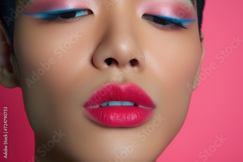 model closeup showcasing vibrant blue eyeshadow  pink highlights  and bold red lips against a pink background