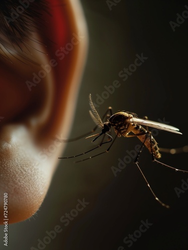 Mosquito flying near a person's ear, sleepless summer night because of a buzzing insect, how can you sleep with mosquitoes nearby, lurking and wainting for you to fall asleep so they can bite you photo