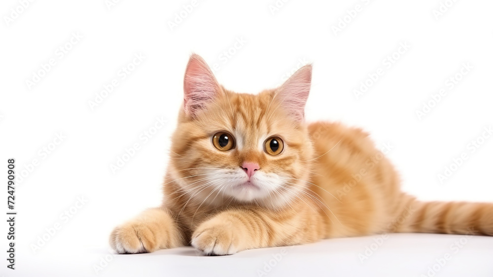 An adorable kitten curled up on the ground, isolated against a stark white background