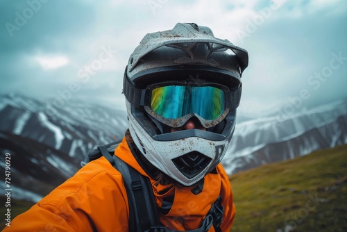 Braving the wintry elements, a fearless adventurer dons their helmet and goggles, ready to conquer the mountain and embrace the great outdoors photo