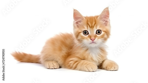 An adorable kitten curled up on the ground, isolated against a stark white background