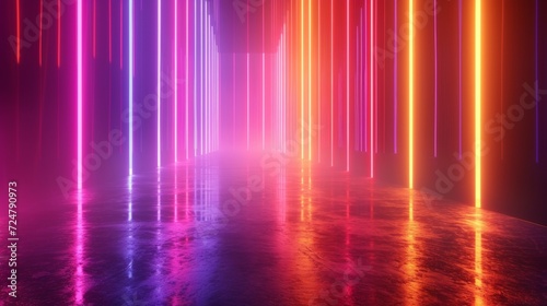 3d rendering, abstract neon background. Modern wallpaper with glowing vertical lines 