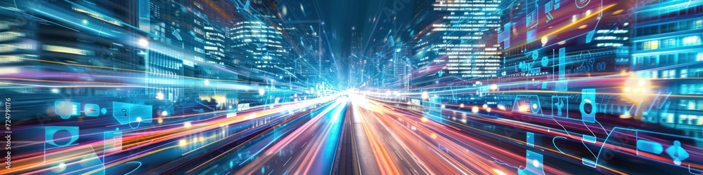 Futuristic modern city with lights and tunnels. Abstract fast moving lights on city street in technology style Futuristic modern city with lights and tunnels. Abstract fast moving lights on city street in technology style