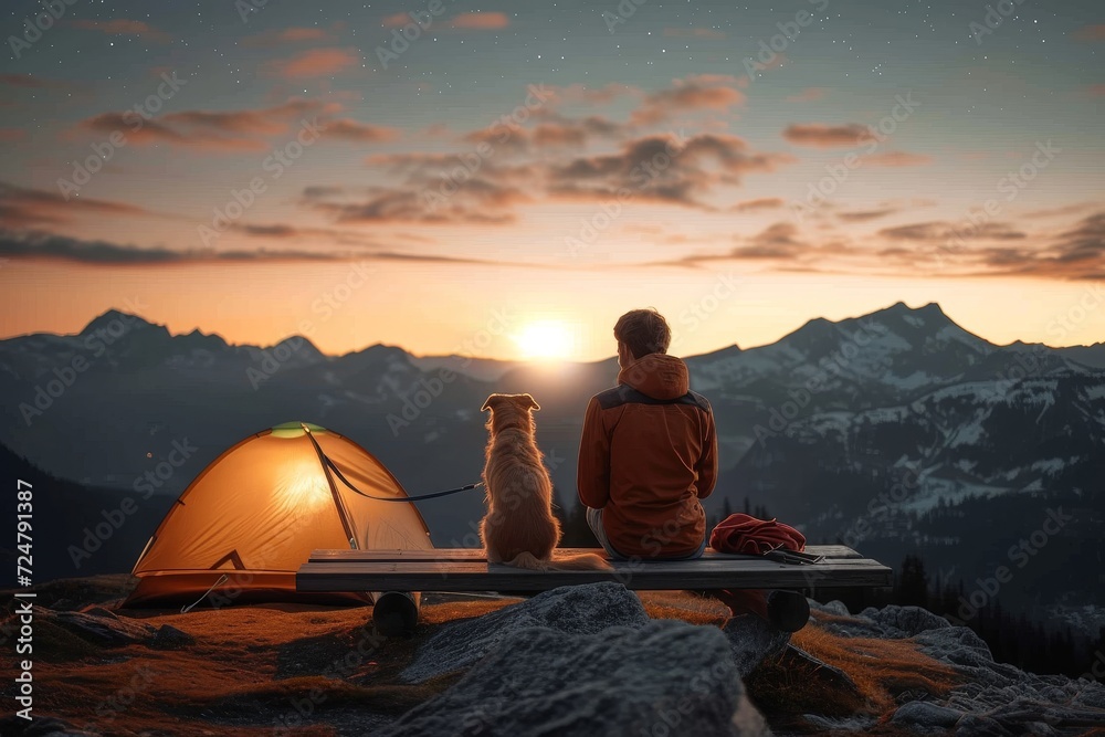 As the sun rises over the majestic mountains, a lone man and his faithful dog sit peacefully on a bench, their outdoor attire blending seamlessly with the surrounding nature as they prepare for a day