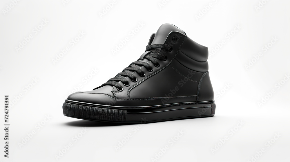 Isolated black sneaker shoe against a stark white background Isolated black sneaker shoe against a stark white background