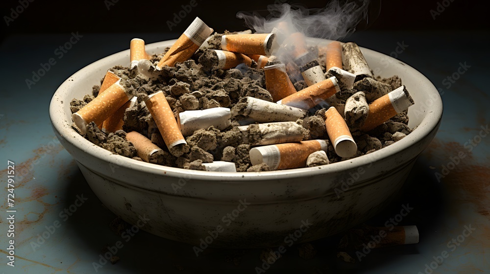 Ashtray full of cigarette butts. Used cigarette in ashtray. Dirty cigarette filter waste in clay ashtray. Toxic waste. Quit smoke or smoking cessation and lung cancer trigger concept. Tobacco product. Ashtray full of cigarette butts. Used cigarette in ashtray. Dirty cigarette filter waste in clay ashtray. Toxic waste. Quit smoke or smoking cessation and lung cancer trigger concept. Tobacco product.