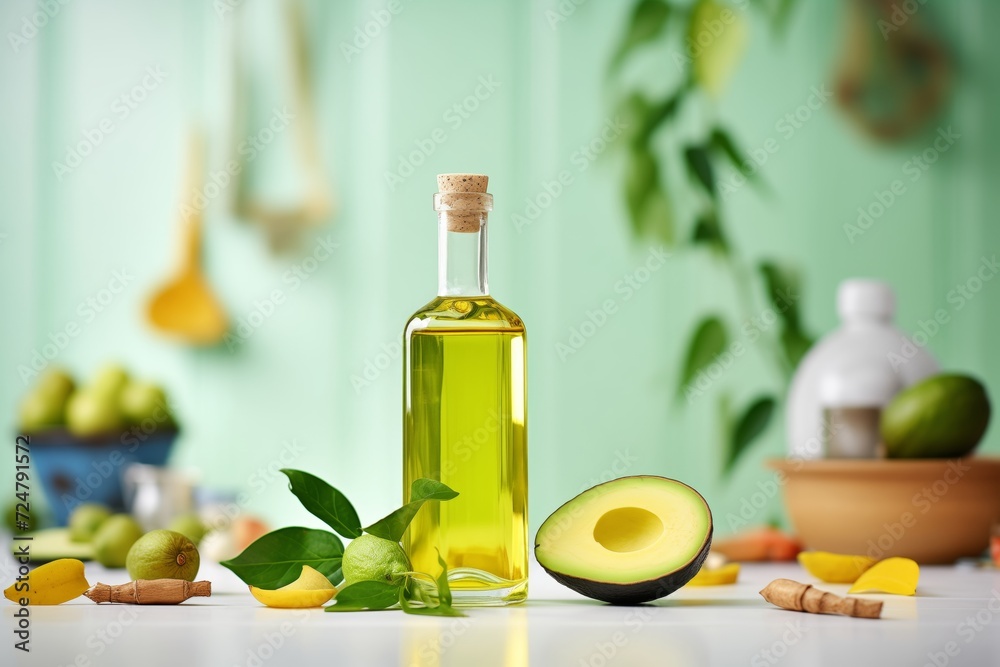 avocado oil in a bottle with fresh avocados lying nearby avocado oil in a bottle with fresh avocados lying nearby