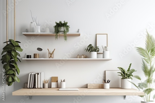 shelf with green plants against a white wall