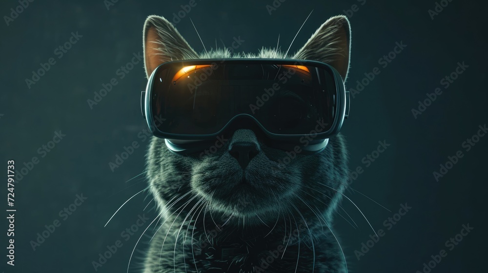 Cat wearing Virtual reality headset. VR, metaverse worlds, modern technologies, gadget for online games