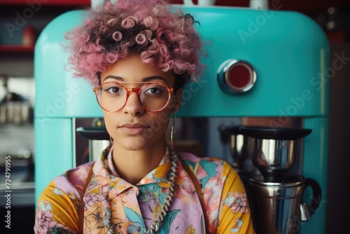 non binary person poses with confidence before a vintage turquoise coffee machine, their pink and grey hair echoing the retro vibe photo