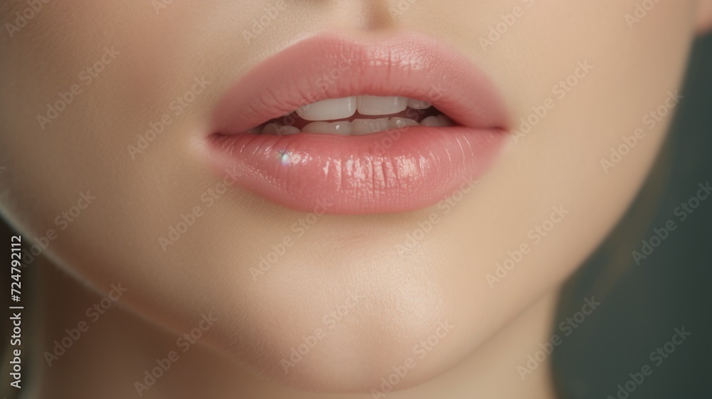 Fototapeta premium Close up of a woman's lips being brushed with a toothbrush. Suitable for dental hygiene and oral care concepts