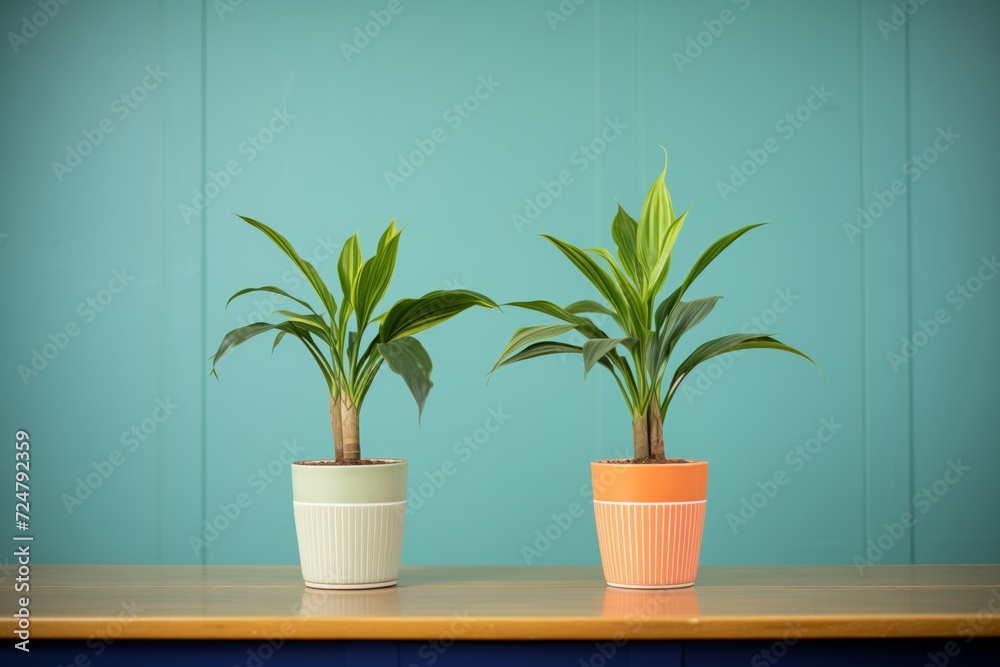 Obraz premium identical twin plants in different colored pots