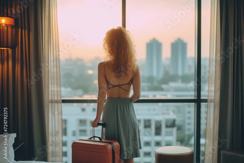 A stylish woman stands contemplatively by a window, her suitcase and handbag ready for a new journey in life