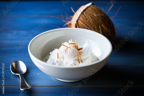 coconut cream in a white bowl with a coconut cracked open