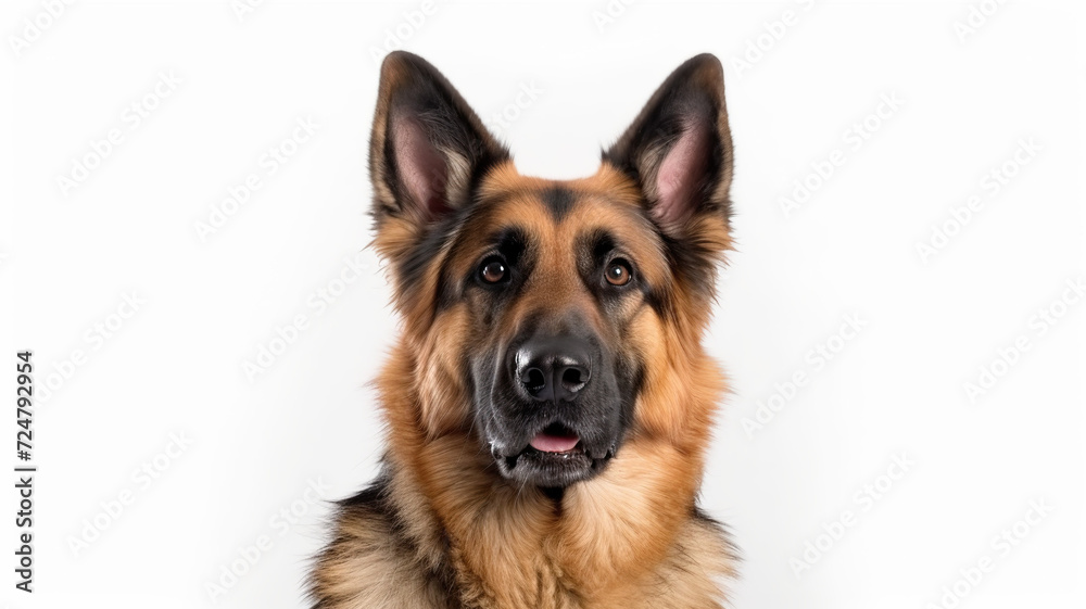 A sweet shepherd dog isolated against a stark white background.