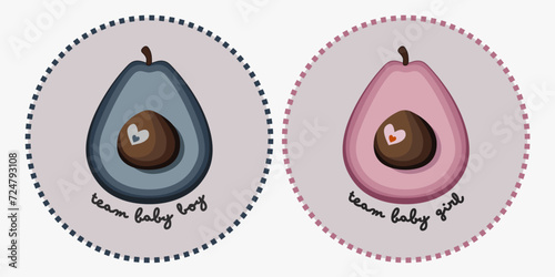 Cute baby gender reveal greeting card, sticker, template, label, flyer with unique pink and blue avocado motif
