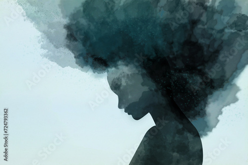 digital paint, silhouette person head, mental health, anxiety - depression negative emotion concept, watercolor grunge paper background photo
