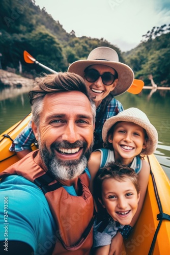 A man and two children are seen kayaking together. This image can be used to depict family bonding, outdoor activities, and adventure © Fotograf