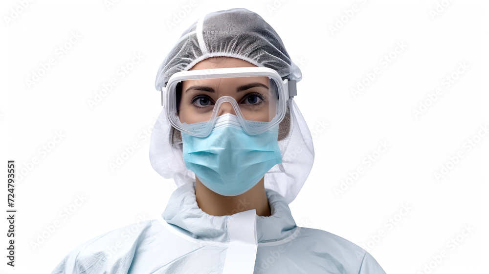 An isolated white background features a female microbiologist wearing protective goggles and gloves. An isolated white background features a female microbiologist wearing protective goggles and gloves.