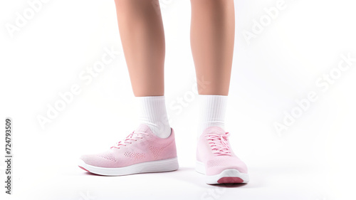 Isolated on a white background are the legs of a female wearing sneakers and socks.