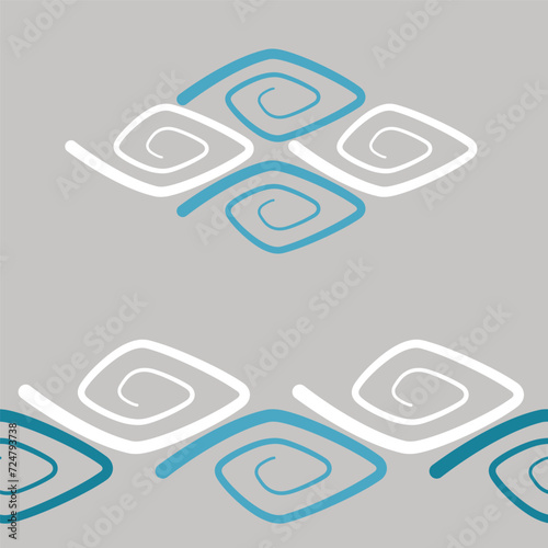 Stilized sea ​​wave ornament vector illustration. Element and border set.  Iterative teal and white spirals curl on gray background.  For printing on textile, wallpaers, clothes. photo