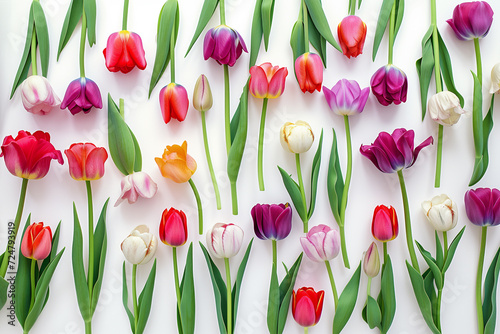 Top view of colorful tulips on white background, spring flowers with leaves photo arranged in pattern #724793919