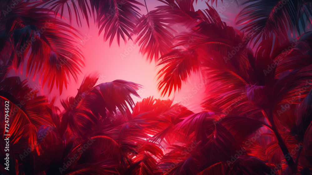 Tropical plants under red sky. Palm leaves are painted with scarlet sunset. Tropical jungle with fantastic flora - obrazy, fototapety, plakaty 