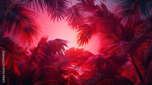 Tropical plants under red sky. Palm leaves are painted with scarlet sunset. Tropical jungle with fantastic flora photo